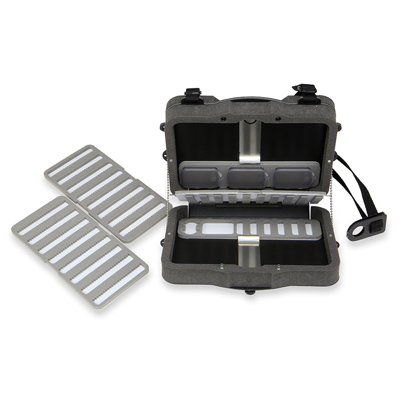 The C&F CFA-830 opened with its two Universal System foam changers lifted out — the interchangeable inserts that slide straight from the box to the lanyard patch