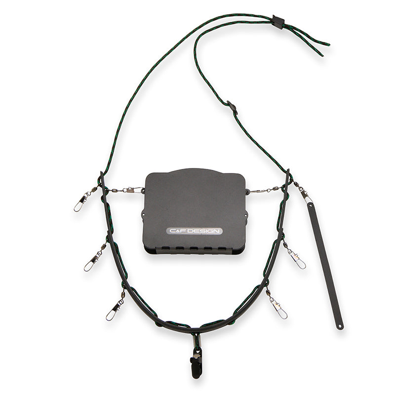 C&F Design Lanyard with the Universal System fly patch, fully rigged with a central foam/box mount and tool clips on an adjustable neck cord — a minimalist around-the-neck carry rig for small-stream fly fishing